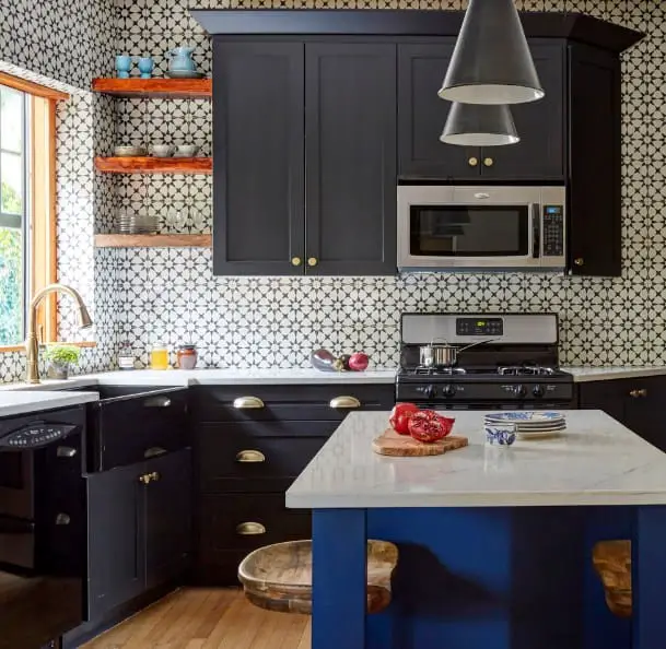 Black Kitchen Cabinet with Blue Island