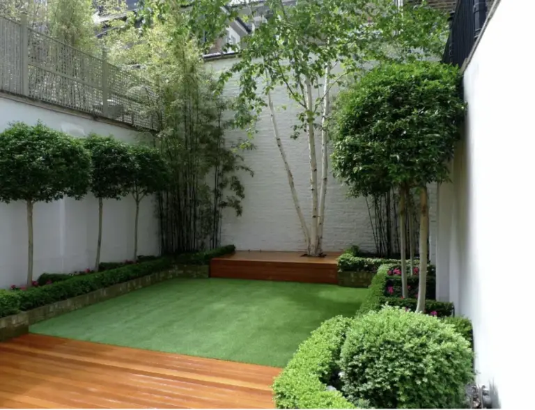 Composite Decking with Shrubs for Small Backyard Turf