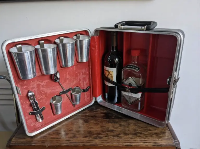 Repurposed vintage suitcase as a mobile bar