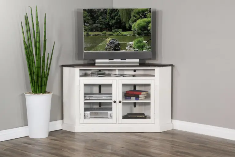 TV stand with glass panel doors for showcasing collectibles