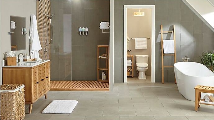 Teak Wood Flooring Walk-In Shower