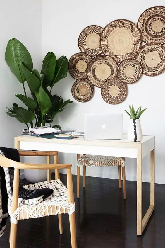 Tropical Home Office Decor Ideas With Basket Wall Decor