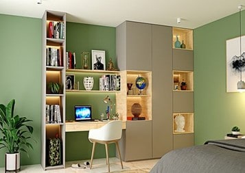 multipurpose workstation with desk, closet and bookshelf 