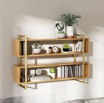 double tier wooden floating book shelf mounted to the wall 
