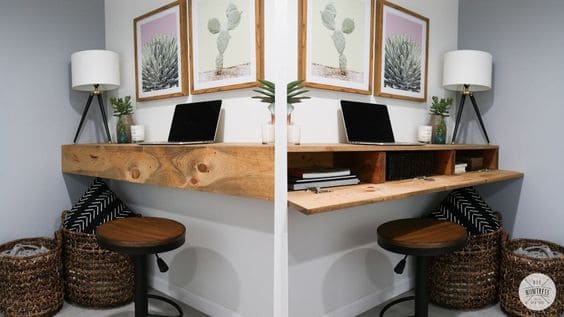 dual image of a floating desk with a hidden storage compartment