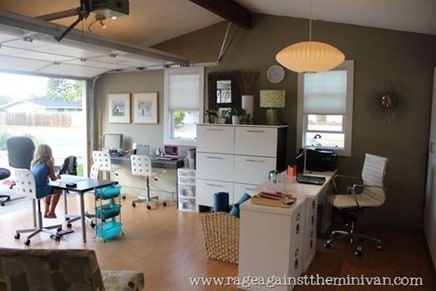 busy garage home office with dual working desk for kids