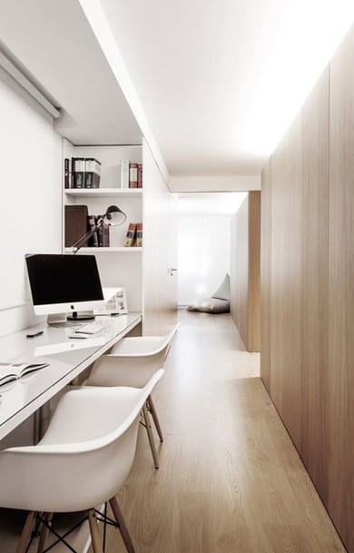 minimalistic contemporary passageway home office with dual workspace 