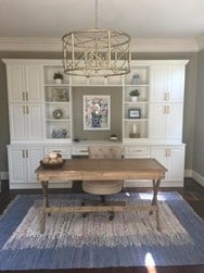 farm country office with a blue and white multi thread rug