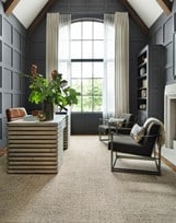 moody home office with a multi-level loop carpet 