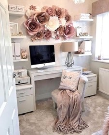 pink floral office with suede carpet, 3D floral wall art 