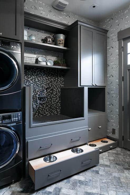 charcoal gray laundry room with hidden dog food bowls