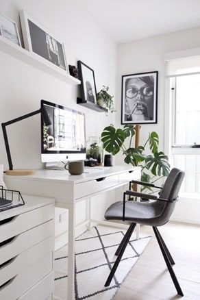 white office with plant and black and white art