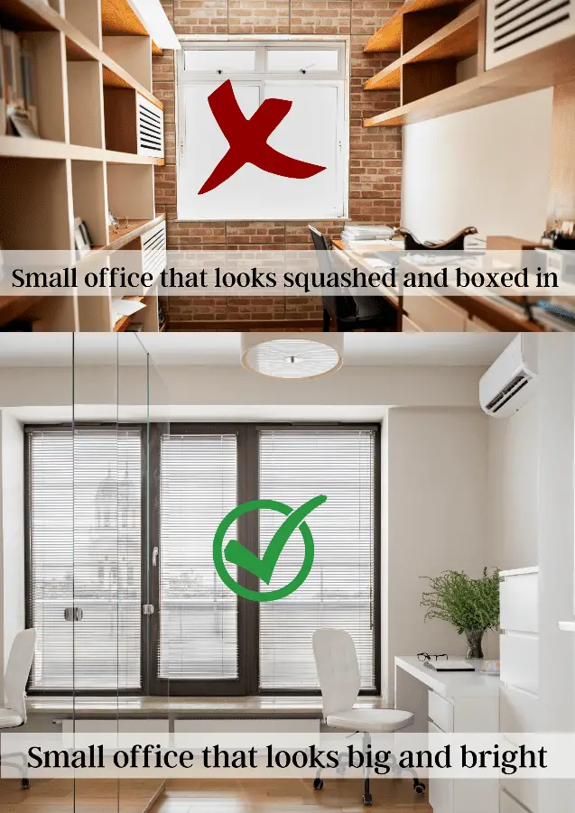 graphic to illustrate how a window can make a small office look squashed and how it can make it look bigger